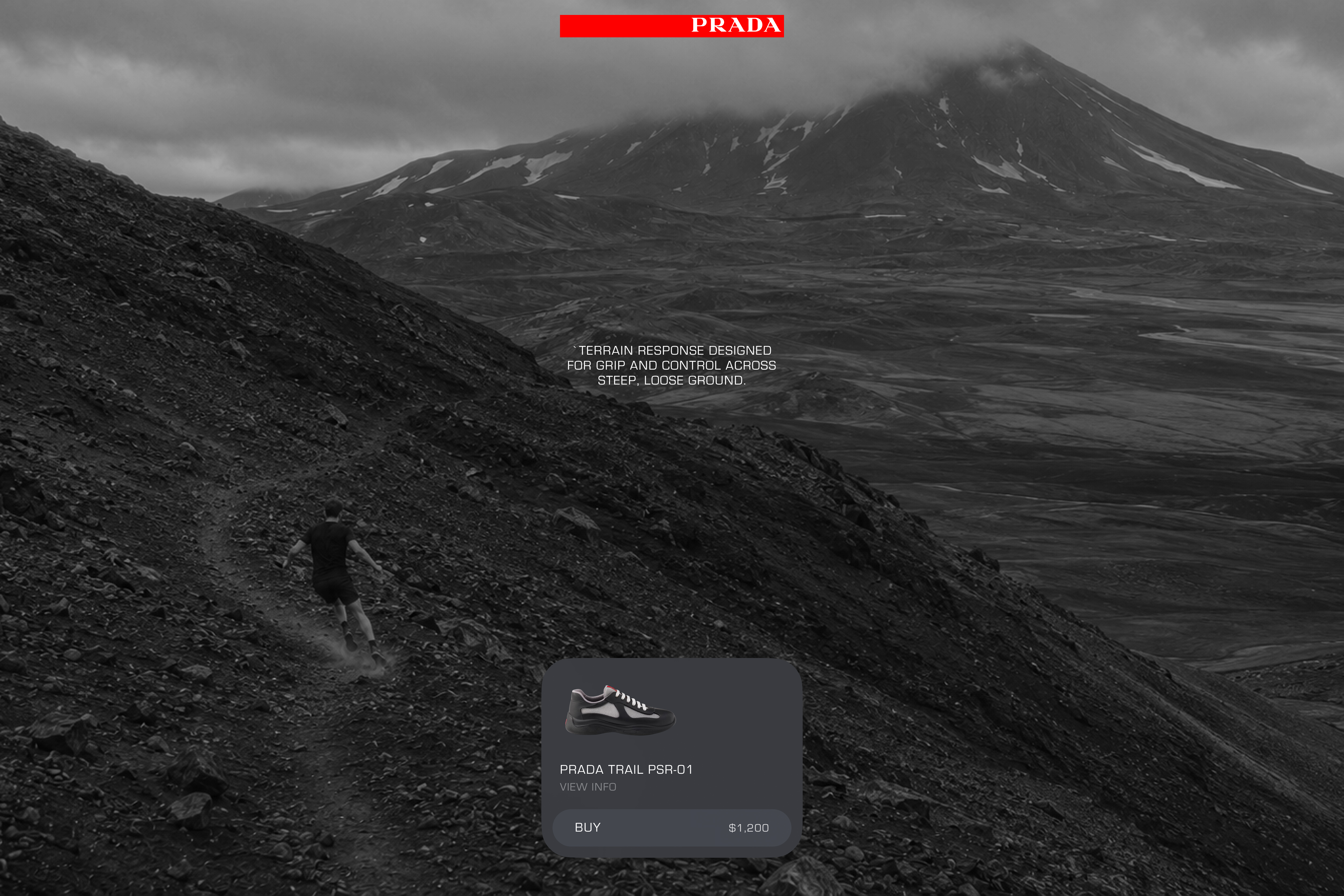 Prada trail shoe product page concept in a volcanic landscape